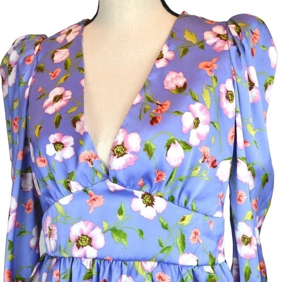 Forever 21 Satin Empire Waist Puff Long Sleeve V Neck Top Lavender Floral NWT - Picture 4 of 12